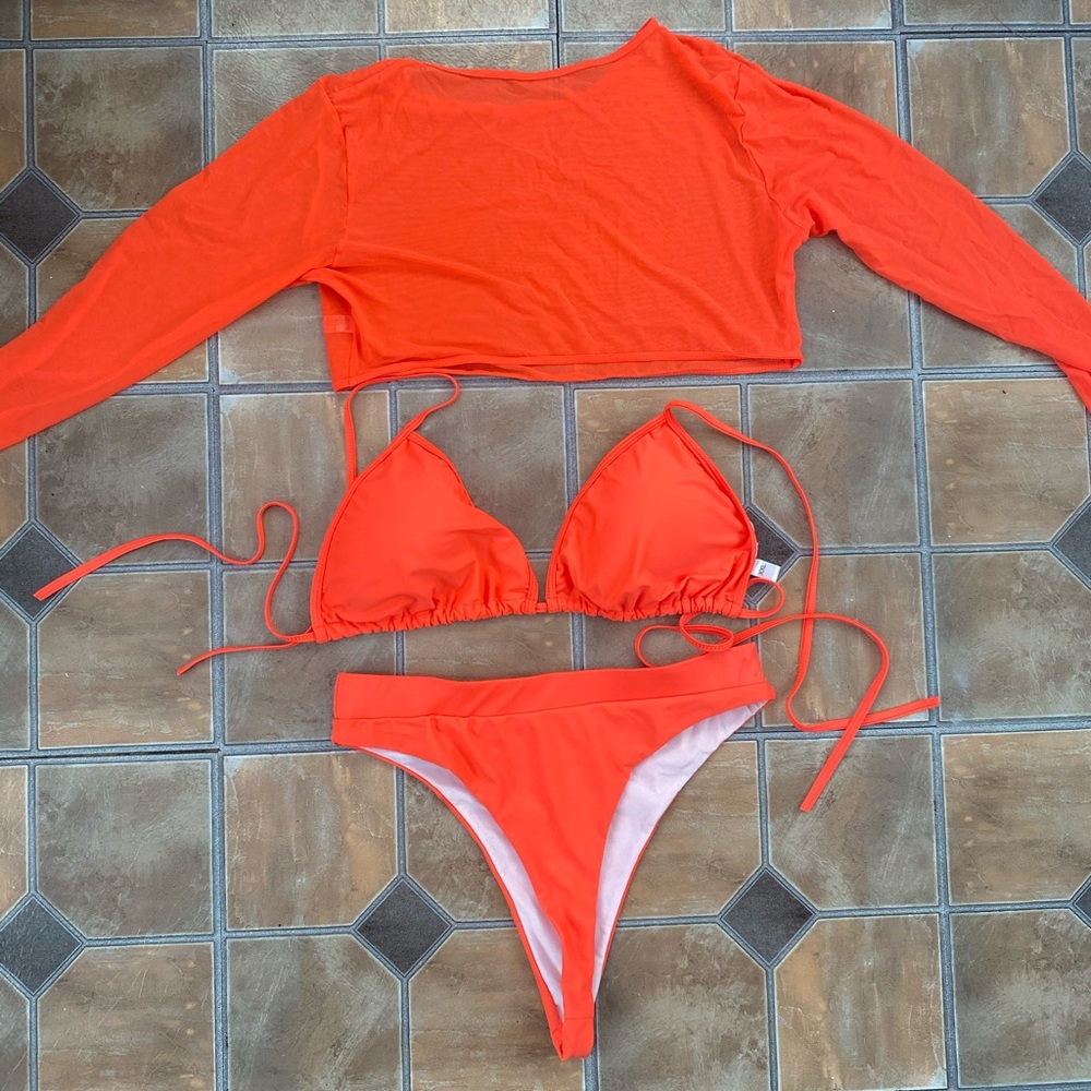 SOLD! Neon Mesh Cover Up High Waist Bikini Set